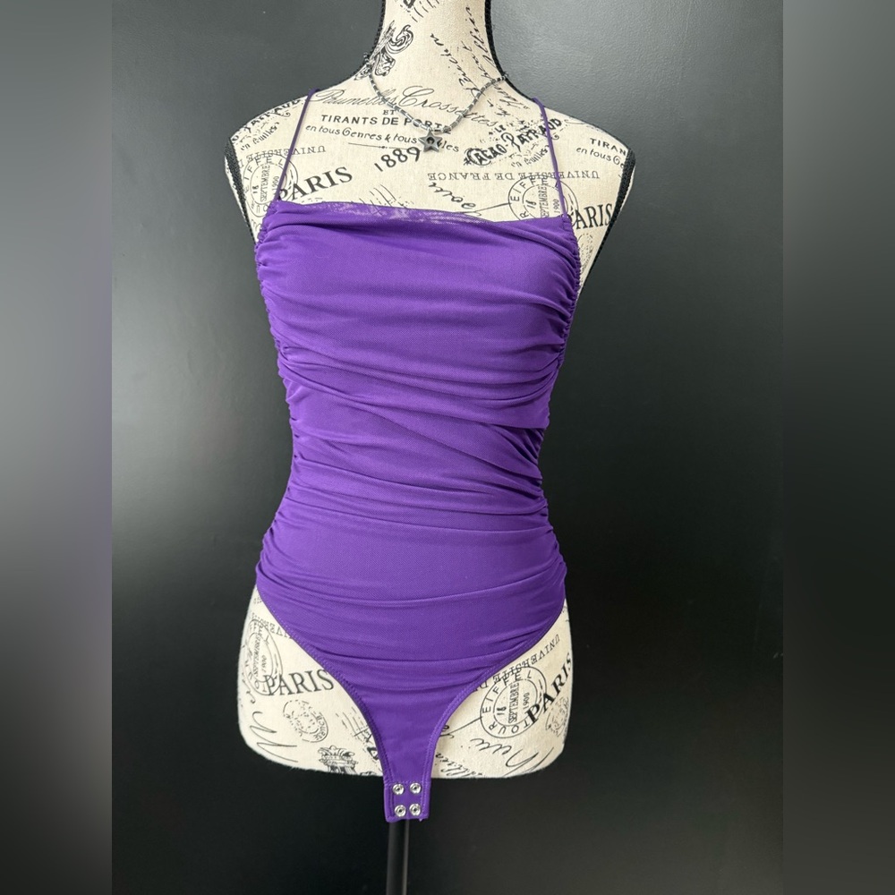 DYNAMITE Bright purple ruched bodysuit with backless tie-detail